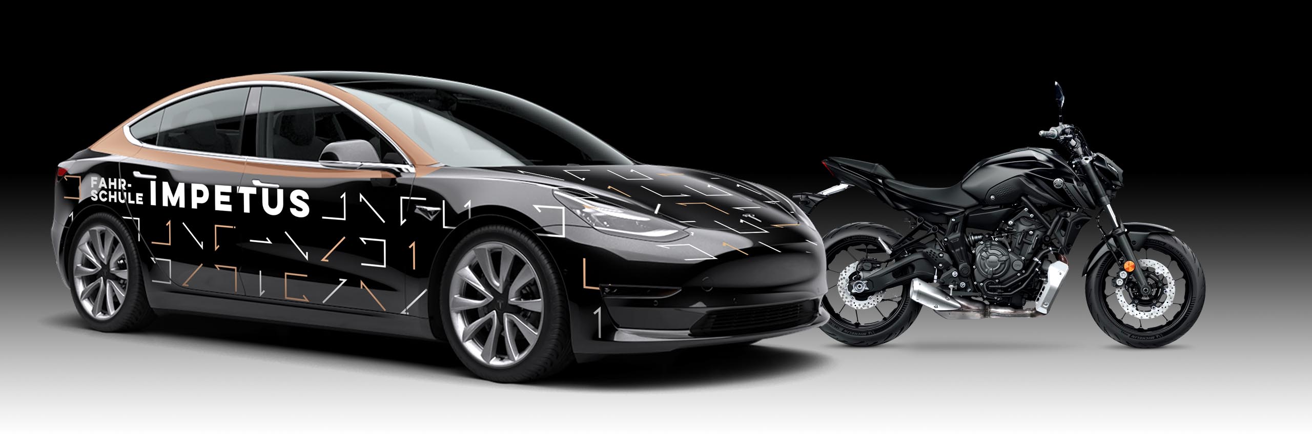Abbildung eines Tesla-Fahrzeuges und Motorrades